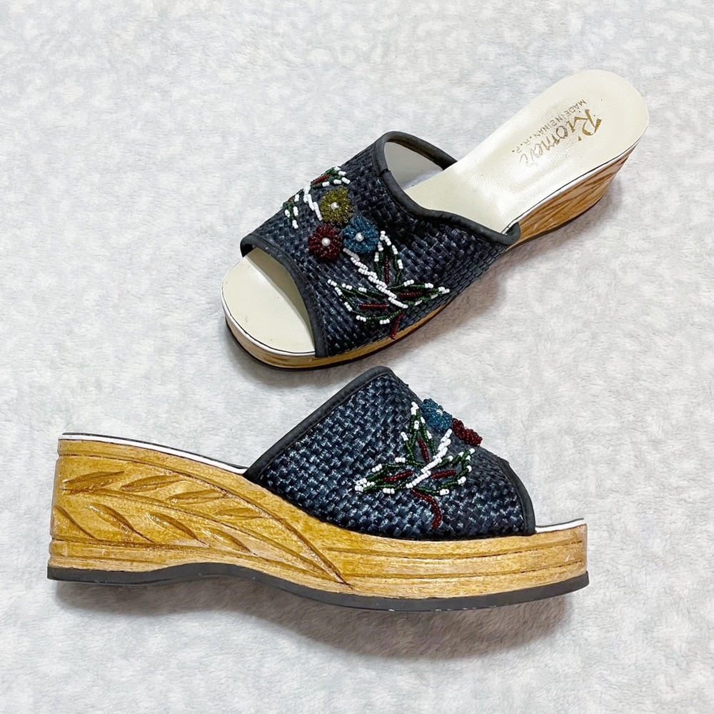 Vintage Platform Slide Sandals 60s 70s Beaded Woven Hand Carved Wood Soles